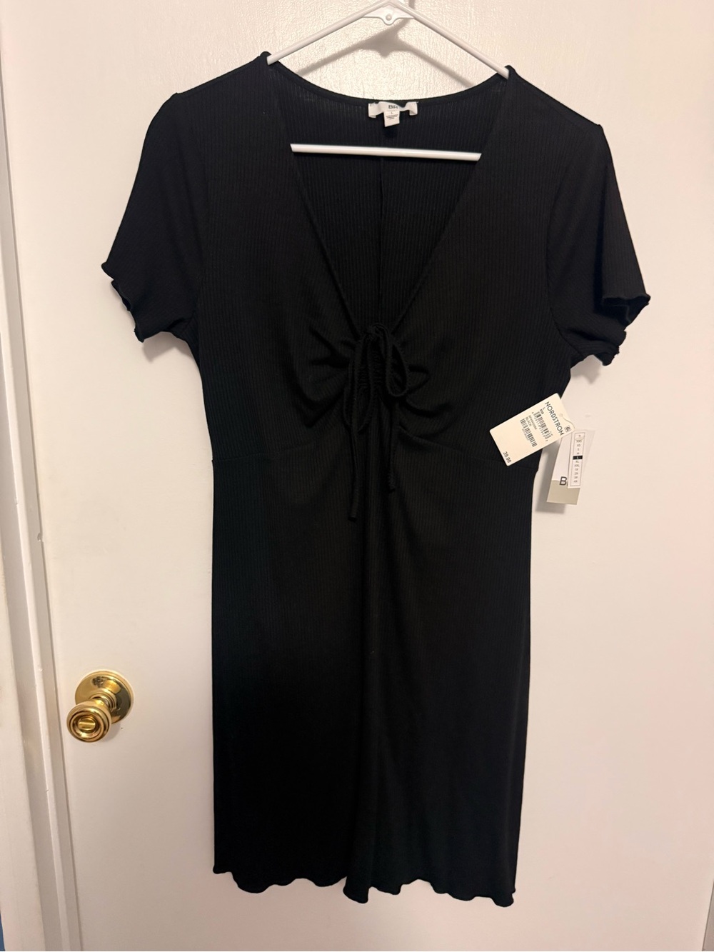 Nordstrom Black Ribbed Tie-Front Short Sleeve Mini Dress